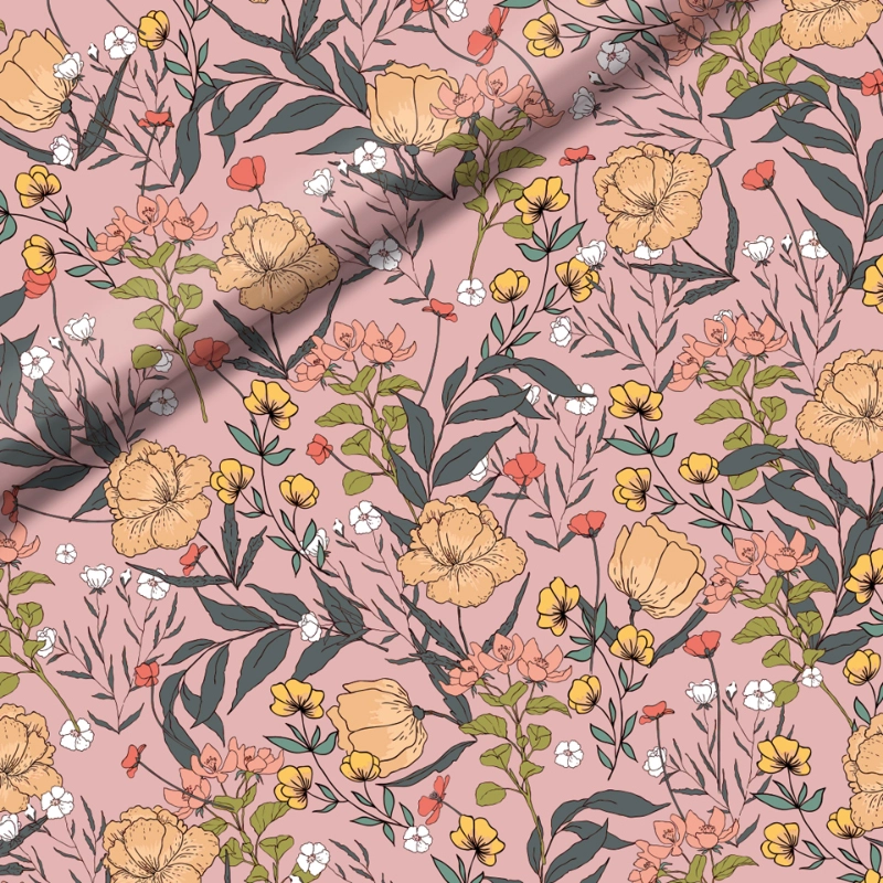 French terry summer flowers peau de peche